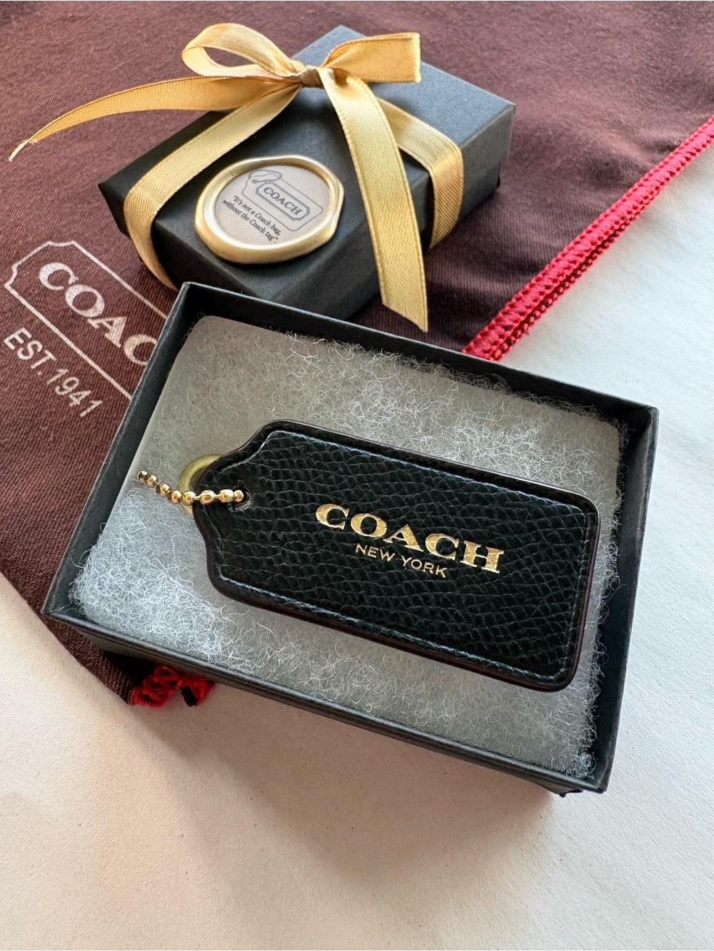 NEW Coach Metallic Foil Embossed Gold & Black Pebbled Leather Hang Tag Bag Charm